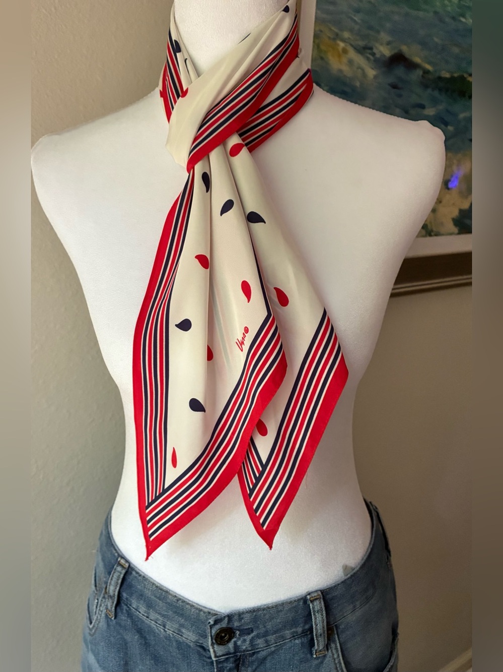 Vera Neumann Abstract Print Designer Scarf Navy Red White Oblong Vintage